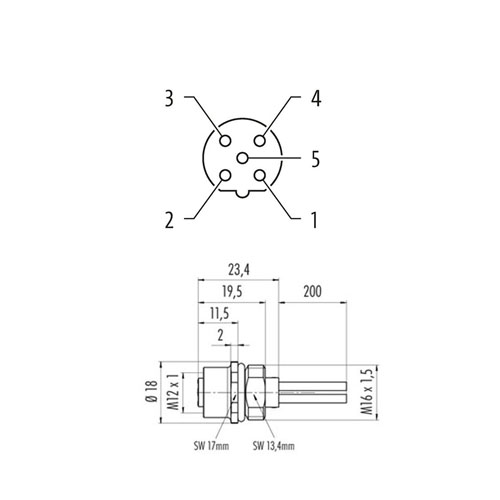 M1205FB-P M12 5-Pin Dişi B Kodlu Panel Soket - Görsel 2