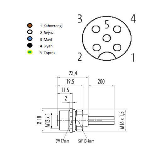 M1205FP-C60 M12 5-Pin Dişi Panel Soket 60cm Kablolu - Görsel 2