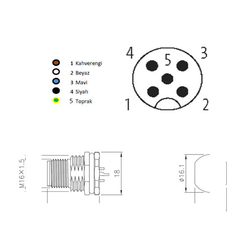 M1205M-P M12 5-Pin Erkek Panel Soket - Görsel 2