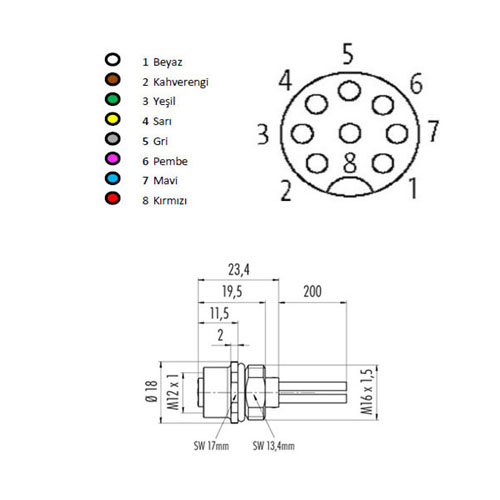 M1208FP-C15 M12 8-Pin Dişi Panel Soket 15cm Kablolu - Görsel 2