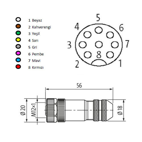 M1208FS-SH M12 8-Pin Dişi Düz Metal Soket - Görsel 2