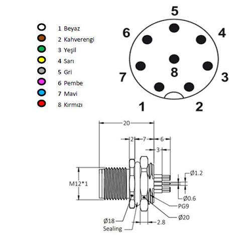 M1208MP-C60 M12 8-Pin Erkek Panel Soket 60cm Kablolu - Görsel 2