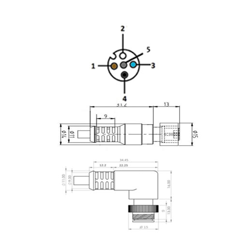 M125FSMAPR-CB2 M12 5 Pin Dişi Düz Erkek Dirsek PUR 2mt Sensör Kablosu - Görsel 2